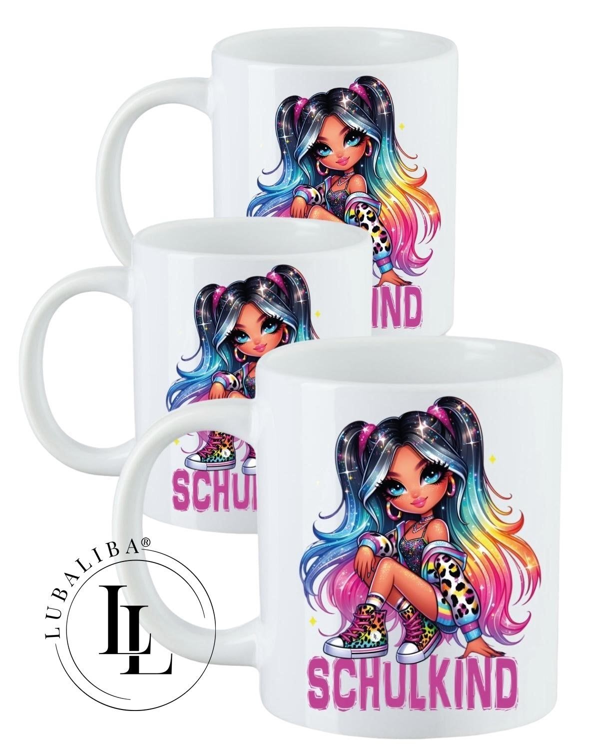 " SCHULKIND RAINBOW GIRL " Kinderbecher Kunststoffbecher Karamiktasse Schulkind Motiv: KDS